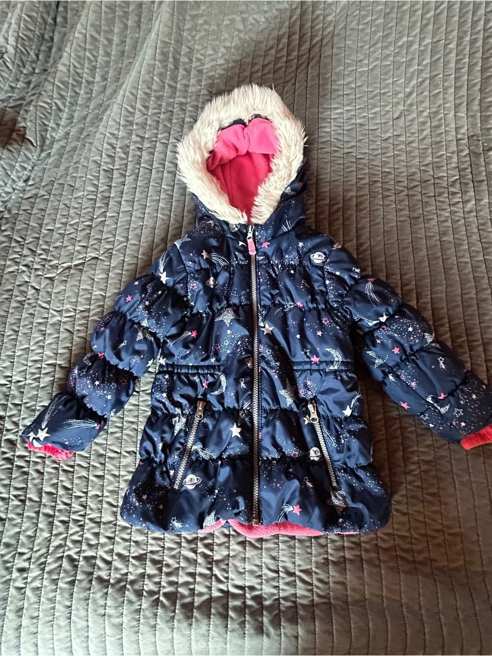 Carter's navy Star-Print Puffer Coat with Pink Lining and Faux Fur Hood